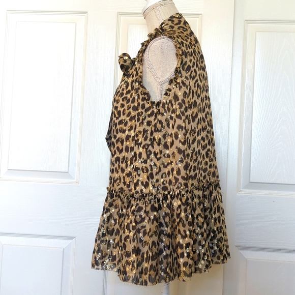 Kate Spade Silk Metallic Leopard Clip Dot Tie Peplum Ruffle Top Brown Gold - Picture 5 of 8